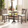 Set of 2 bar stools with cross back design and beige linen fabric upholstered seats, ideal for dining or kitchen use.