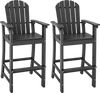Set of 2 black HDPE counter height bar stools with armrests and footrest, designed for outdoor use and comfort.