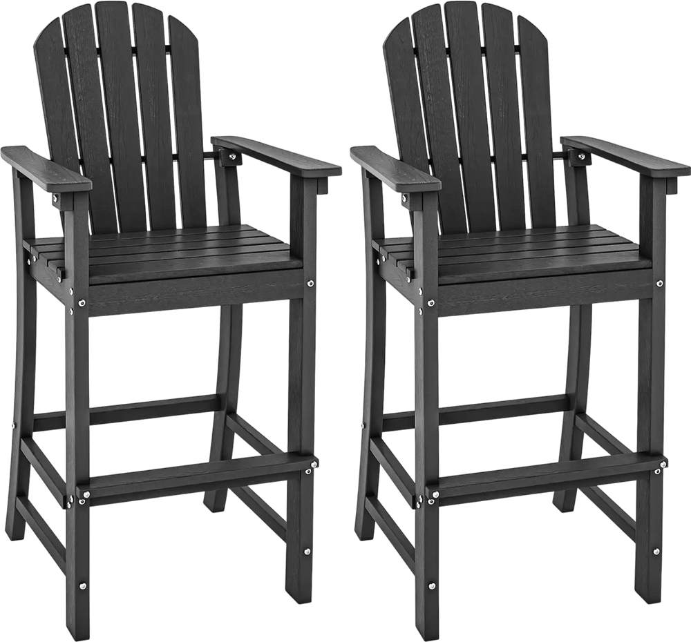 Set of 2 black HDPE counter height bar stools with armrests and footrest, designed for outdoor use and comfort.
