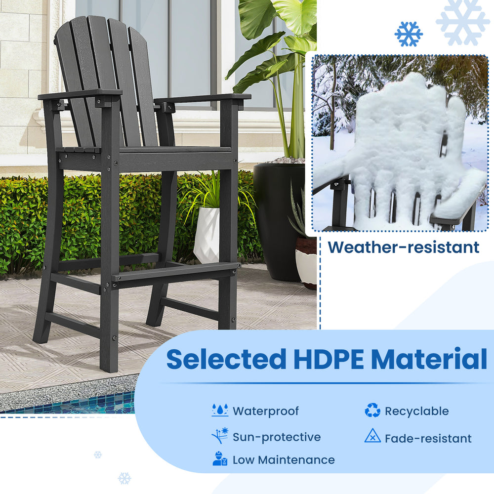 Counter height outdoor HDPE bar stool in black with armrests, footrest, and weather-resistant features for outdoor use.