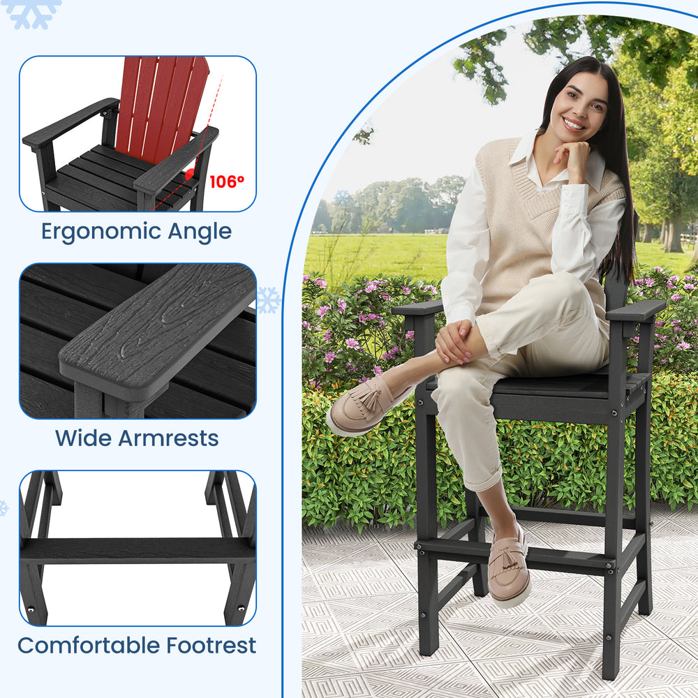 Counter height HDPE bar stool in black with armrests and footrest, featuring ergonomic design for outdoor comfort.