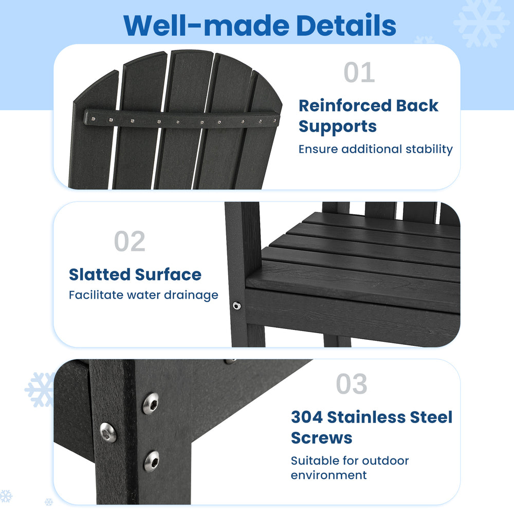 Close-up of the slatted surface and reinforced back supports of the black HDPE outdoor bar stool for added stability.