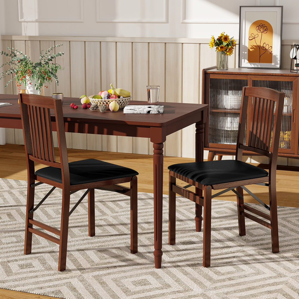 Set of 2 foldable upholstered kitchen chairs in brown with padded seats, ideal for comfortable dining and space-saving.