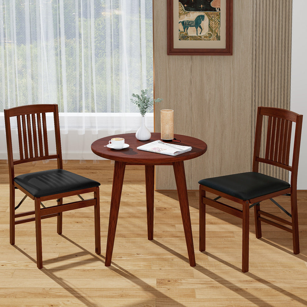 Set of 2 brown foldable upholstered kitchen chairs with padded seats, perfect for space-saving dining areas.
