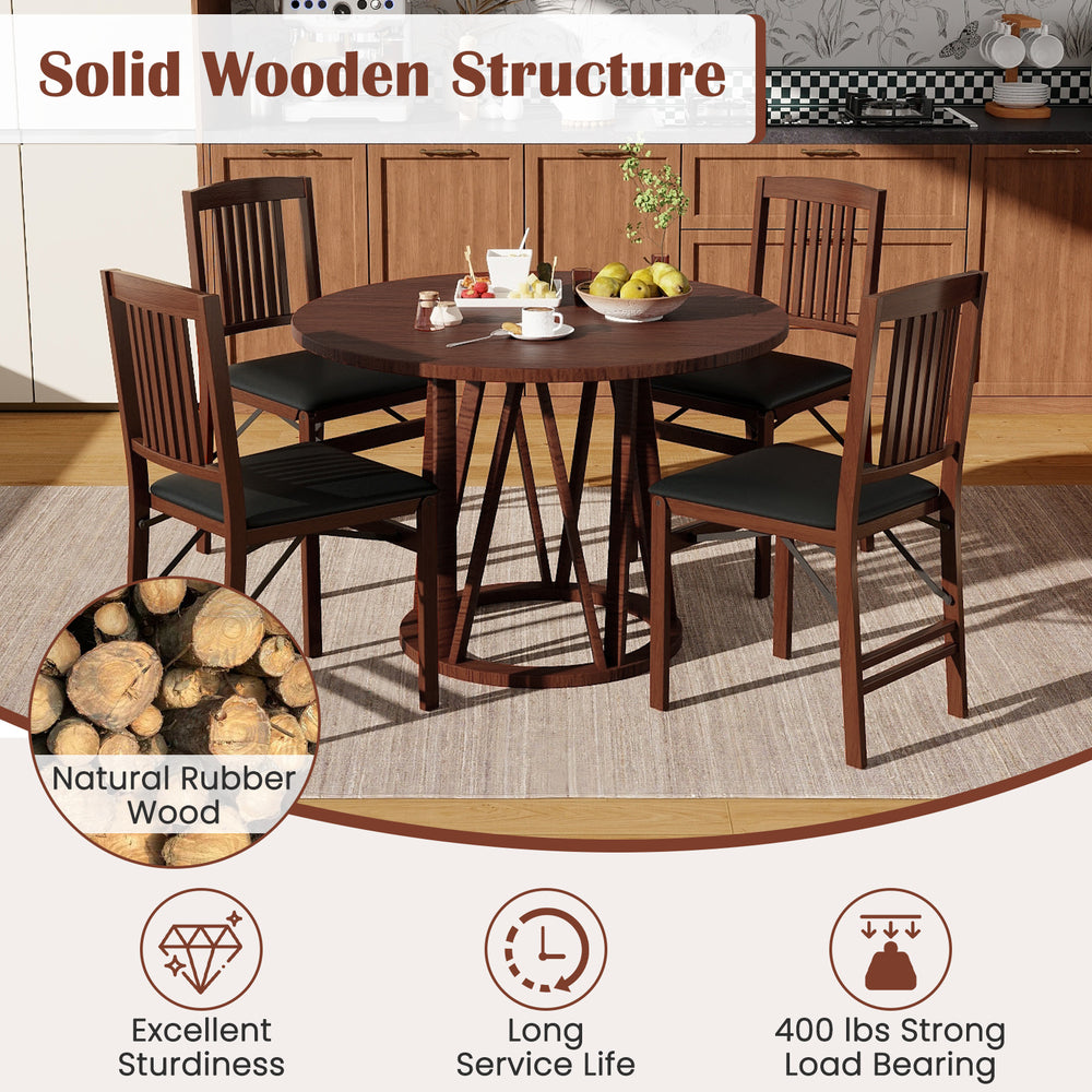 Foldable upholstered kitchen chairs in brown with padded seats, made of natural rubber wood for excellent sturdiness.