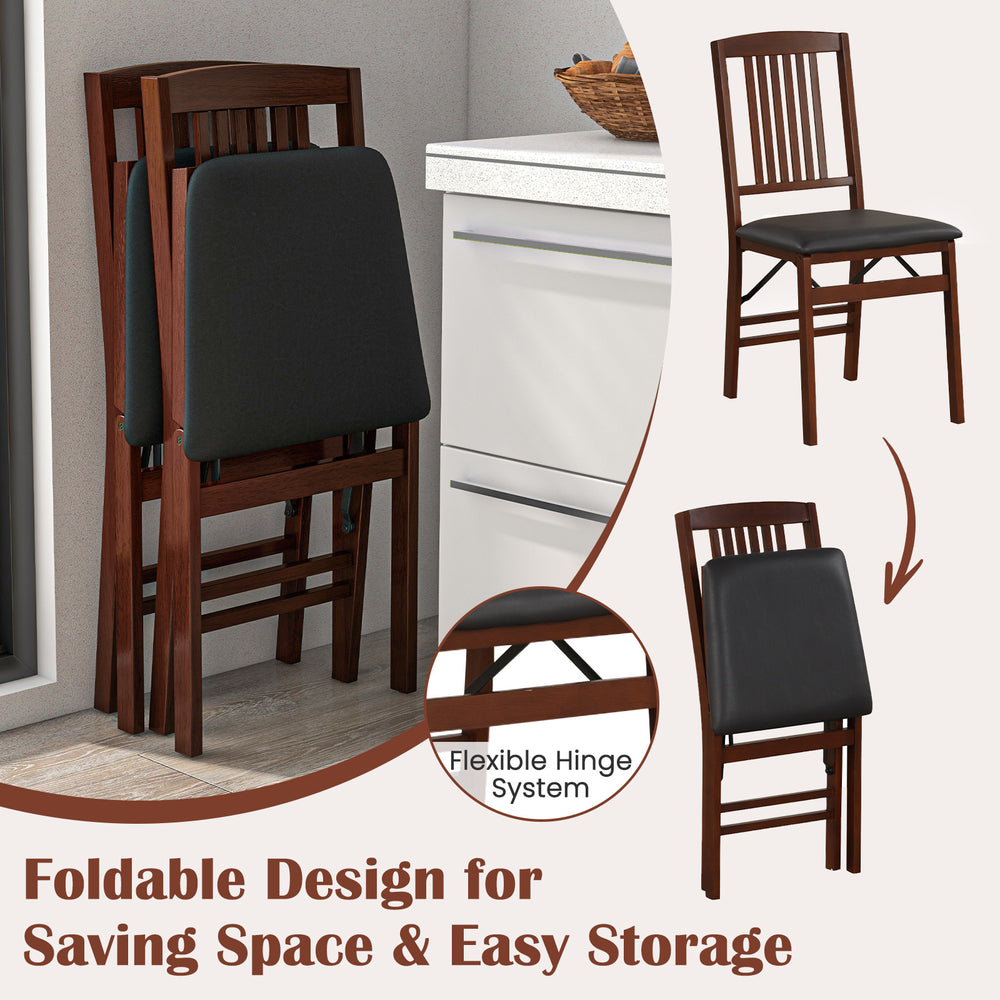 Foldable upholstered kitchen chairs with padded seat in brown, designed for space-saving and easy storage.