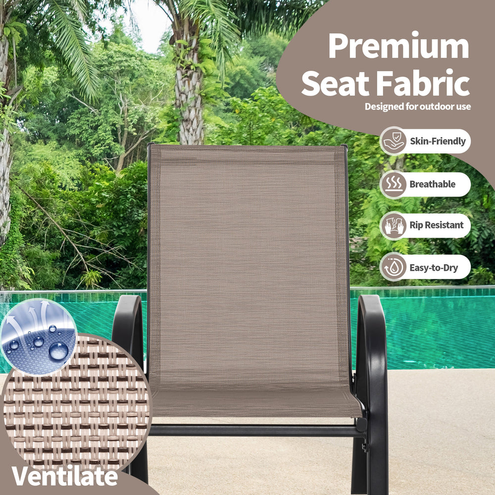 Brown breathable seat fabric of a heavy-duty metal patio rocking chair, designed for outdoor relaxation by the poolside.