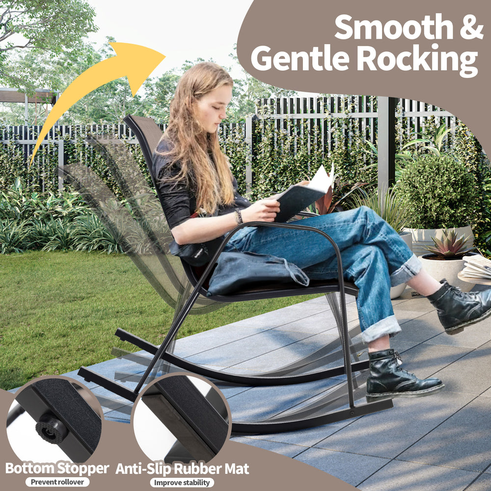Heavy-duty metal patio rocking chair with breathable brown seat fabric, perfect for relaxing in the backyard or porch.