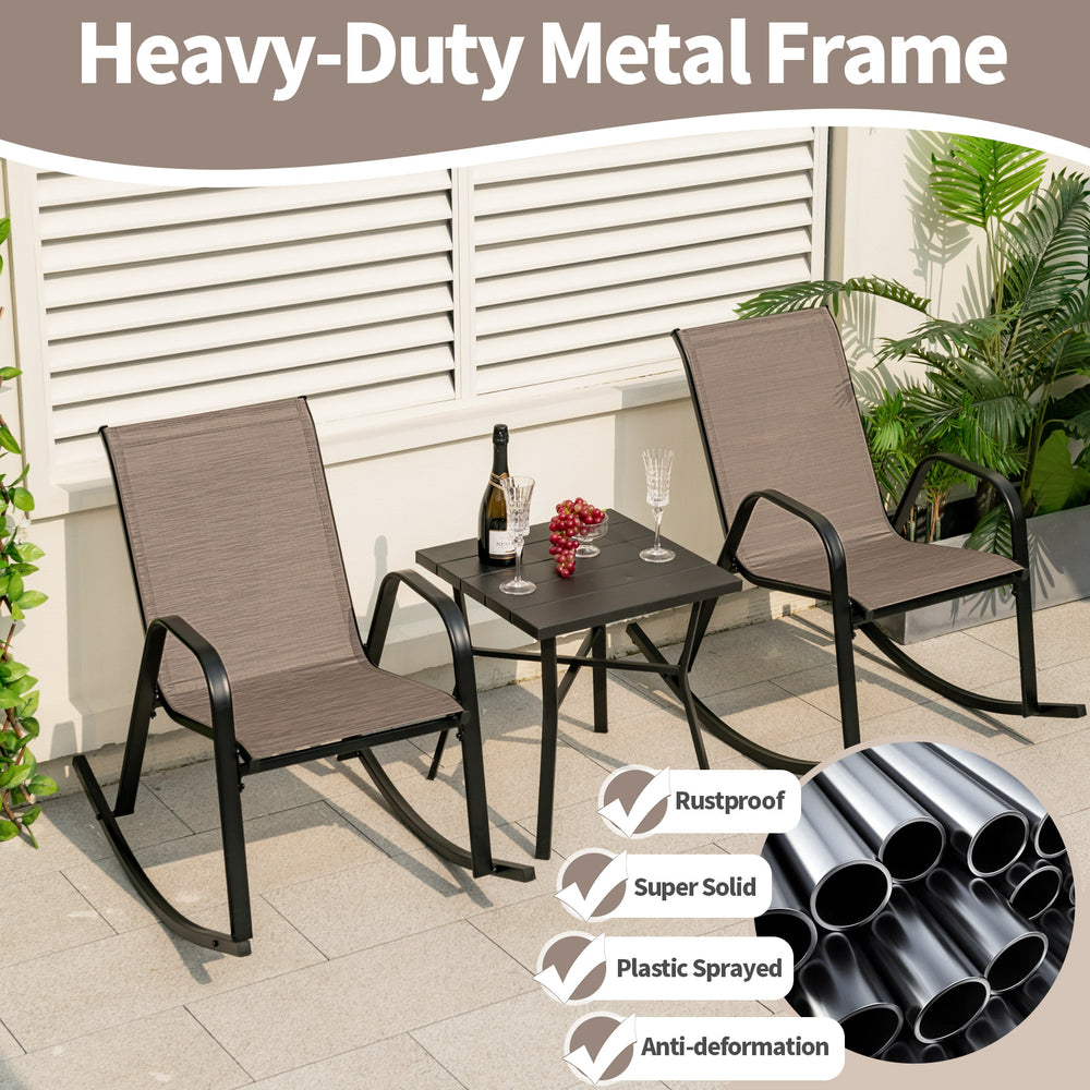 Single heavy-duty metal patio rocking chair with breathable brown fabric, designed for comfort and stability in outdoor.