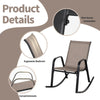 Heavy-duty metal patio rocking chair with breathable brown seat fabric, featuring ergonomic backrest and curved.