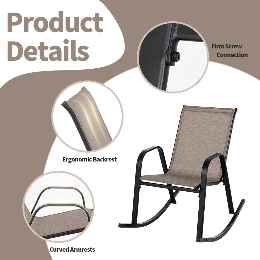 Heavy-duty metal patio rocking chair with breathable brown seat fabric, featuring ergonomic backrest and curved.