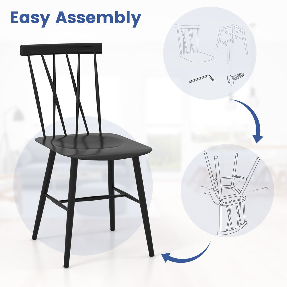 Modern dining chair with ergonomic backrest, made of premium steel, designed for easy assembly and floor protection.