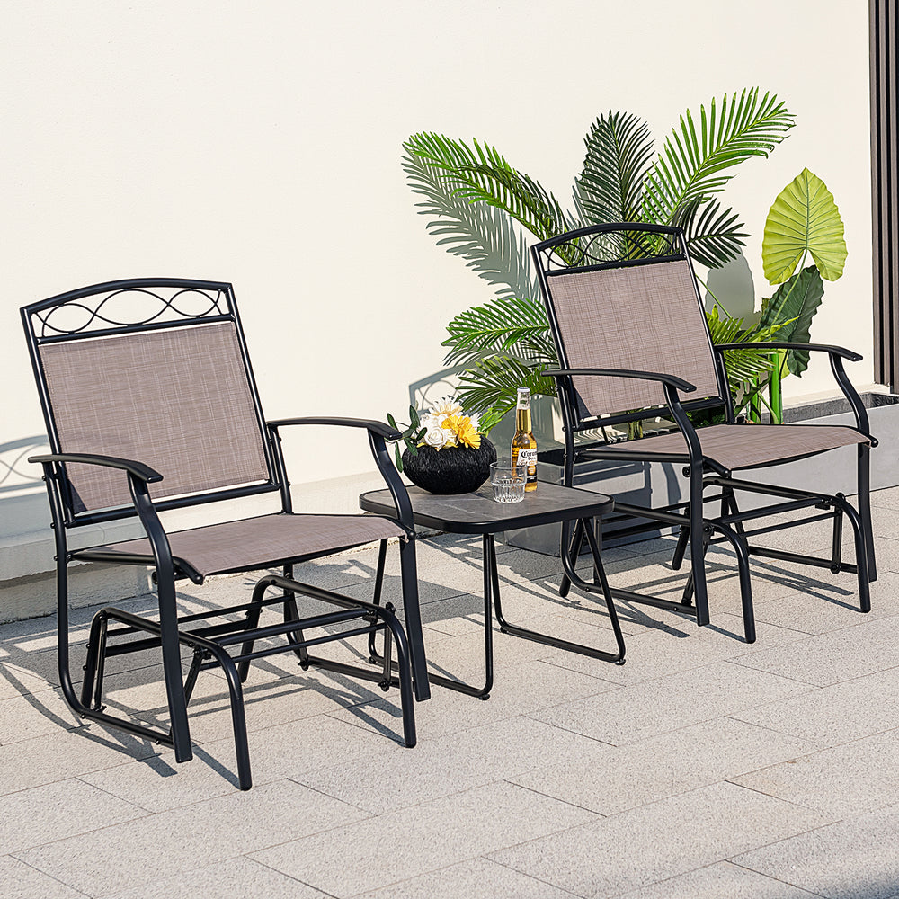 Set of 2 outdoor metal glider armchairs with weather-resistant fabric, perfect for backyard or poolside relaxation.
