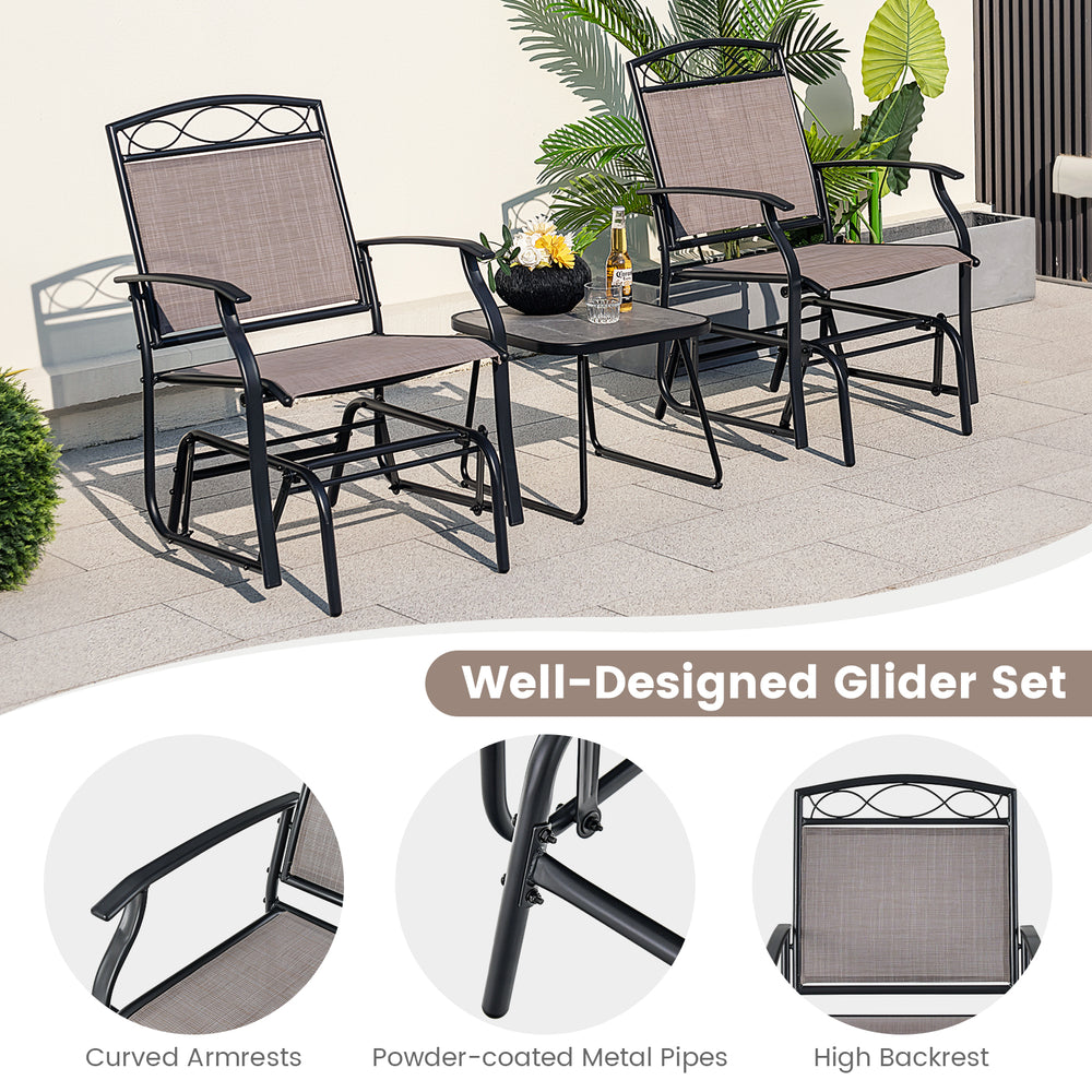 Set of 2 outdoor metal glider armchairs with high backrest and curved armrests, perfect for backyard relaxation.