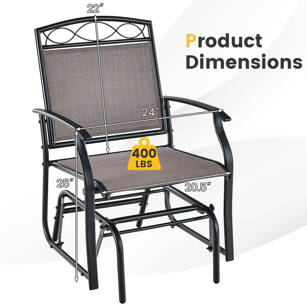 Outdoor metal glider armchair with weather-resistant fabric, featuring ergonomic design and 400 lbs capacity, shown.