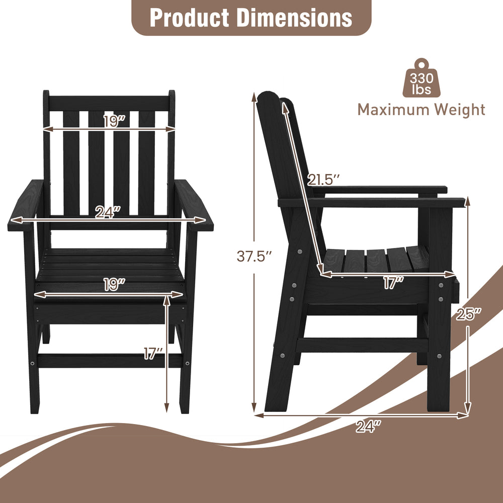Black patio dining chair dimensions with wide armrests, made of HDPE material for durability and comfort.