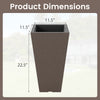 Square taper planter dimensions showing 11.5" x 11.5" x 22.5", featuring a wood-like texture for outdoor use.