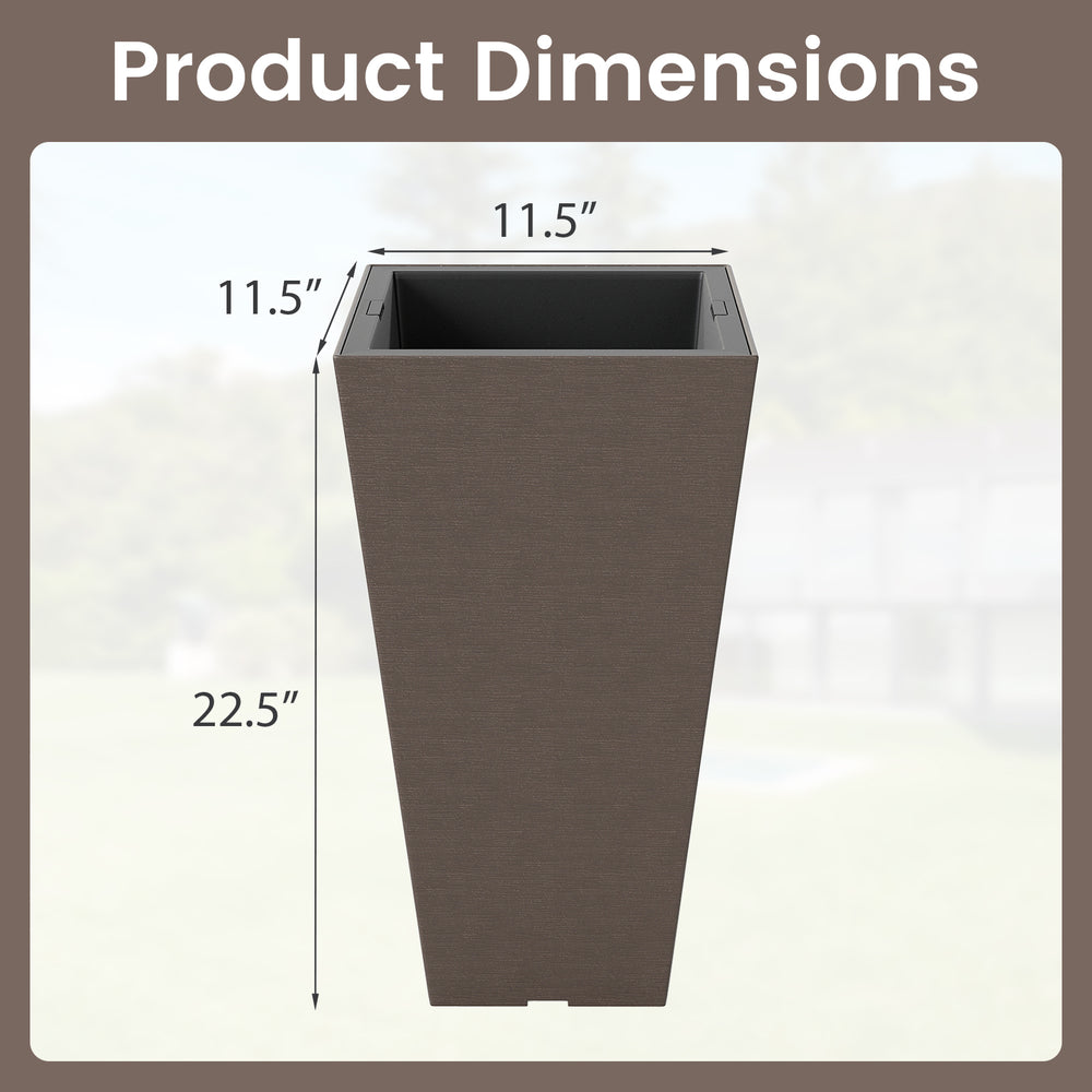 Square taper planter dimensions showing 11.5" x 11.5" x 22.5", featuring a wood-like texture for outdoor use.
