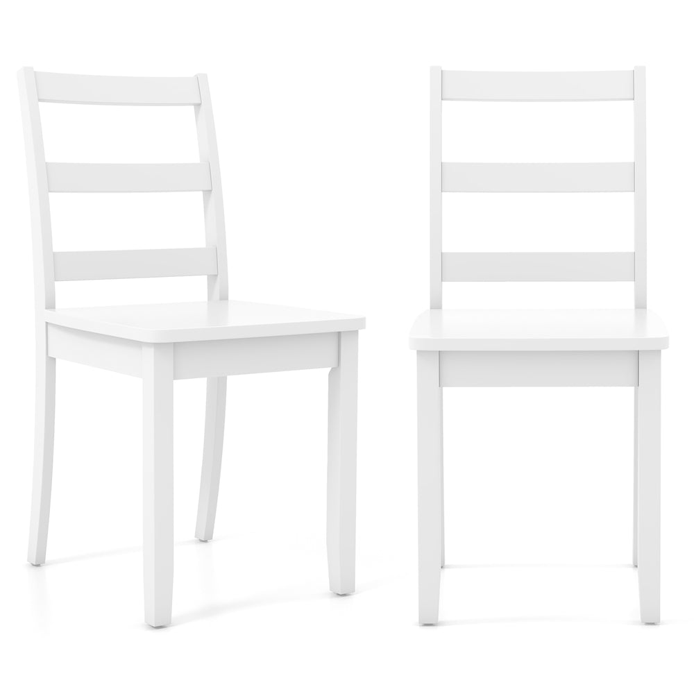 Set of 2 white wood dining chairs with solid rubber wood legs, featuring a ladder back design for comfort and stability.