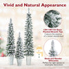 Set of 3 pre-lit snow flocked artificial Christmas trees with 423 branch tips, perfect for festive holiday decoration.