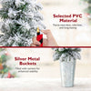 Close-up of a pre-lit snow flocked artificial Christmas tree made of PVC material, featuring warm white LED lights and.