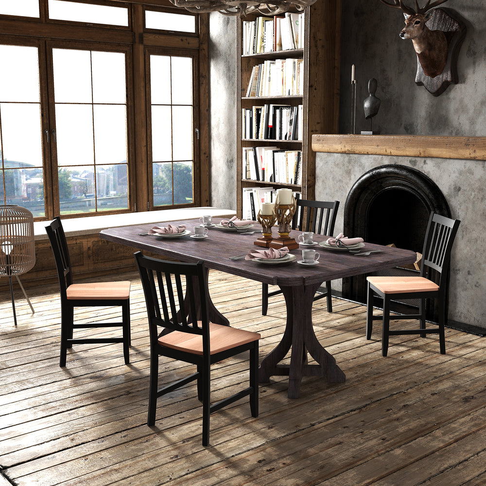 Set of 4 spindle back dining chairs with solid rubber wood legs and walnut finish, perfect for home or office dining.