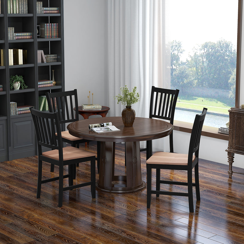 Set of 4 spindle back dining chairs with rubber wood legs and walnut finish, perfect for home or office dining.