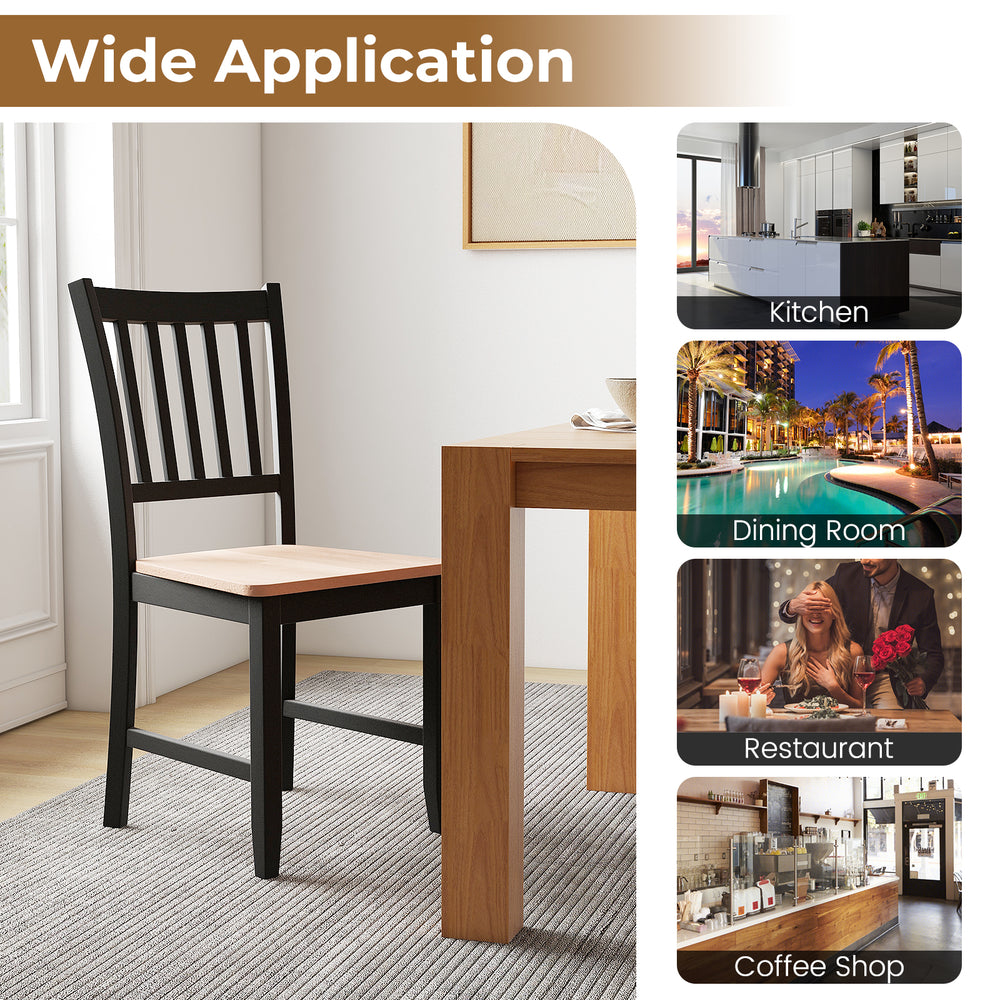 Set of 4 spindle back dining chairs with rubber wood legs and walnut finish, ideal for kitchen or dining room use.