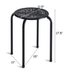 Black round metal stool with daisy pattern, 17.5" height, stackable design for indoor and outdoor use.