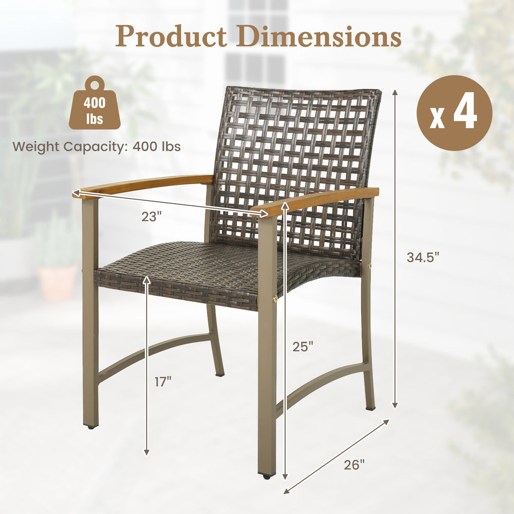 Set of 4 patio rattan dining chairs with acacia wood armrests, featuring a 400 lbs weight capacity and adjustable.