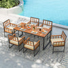 Set of 6 acacia wood patio dining chairs with cushions, featuring a sturdy metal frame for outdoor dining comfort.