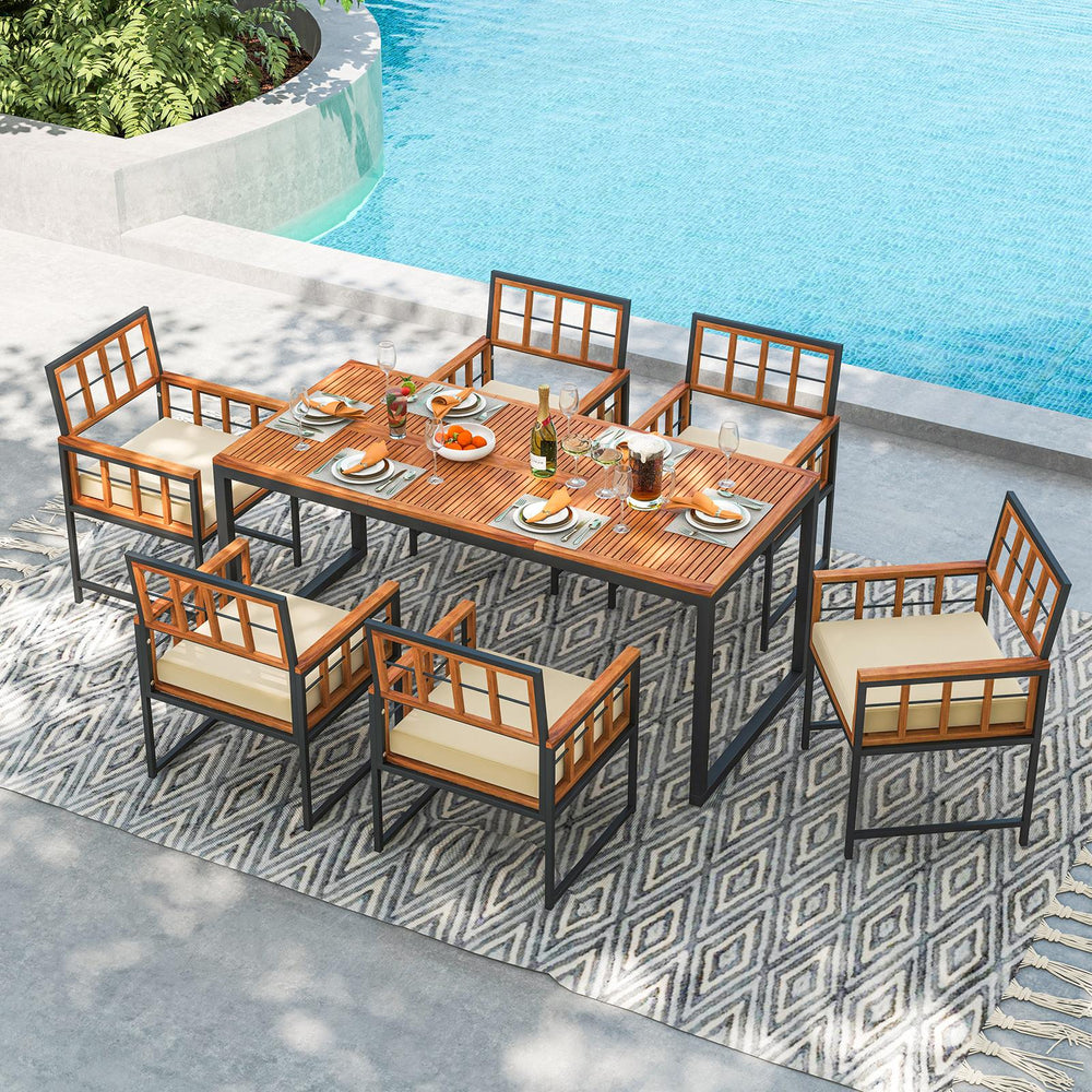 Set of 6 acacia wood patio dining chairs with cushions, featuring a sturdy metal frame for outdoor dining comfort.