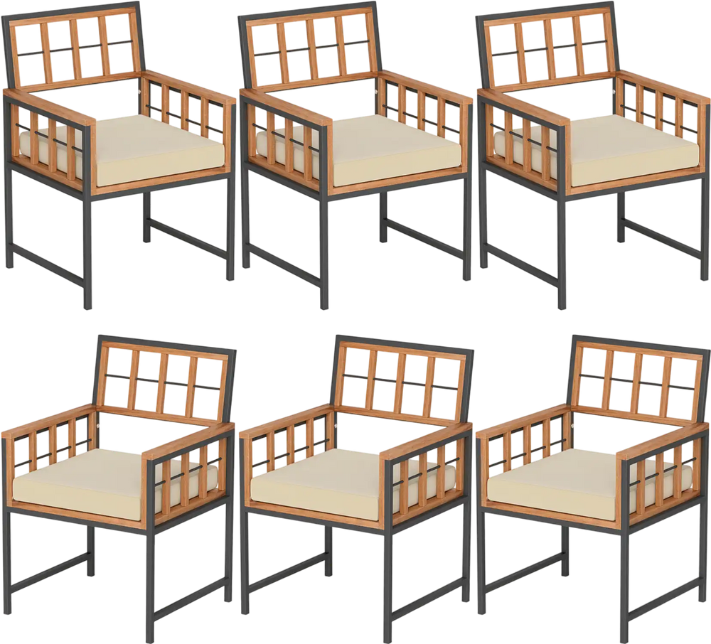 Set of 6 Patio Dining Chairs Acacia Wood Armchairs with Cushions