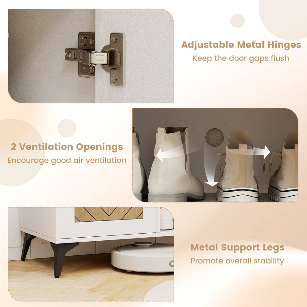 Adjustable metal hinges and ventilation openings on the 2-door shoe rack organizer for optimal air circulation and.