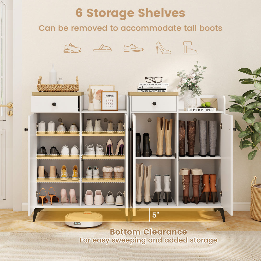 2-door white shoe rack organizer with 6 removable shelves and drawer, featuring 5" bottom clearance for easy cleaning.