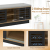 Shoe bench with 2 sliding doors and 3 adjustable shelves, featuring unique ventilated slats for easy shoe storage.