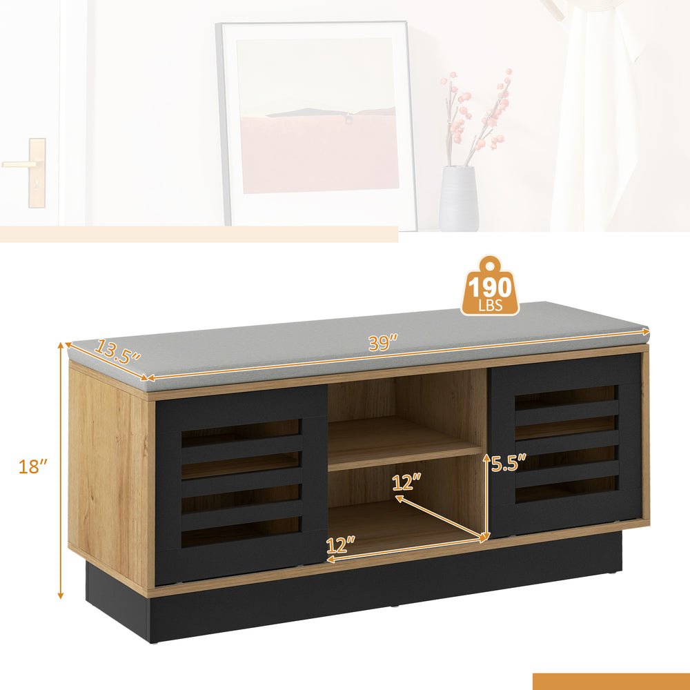 Shoe bench with 6 storage compartments, 3 adjustable shelves, and natural wood finish for versatile shoe organization.
