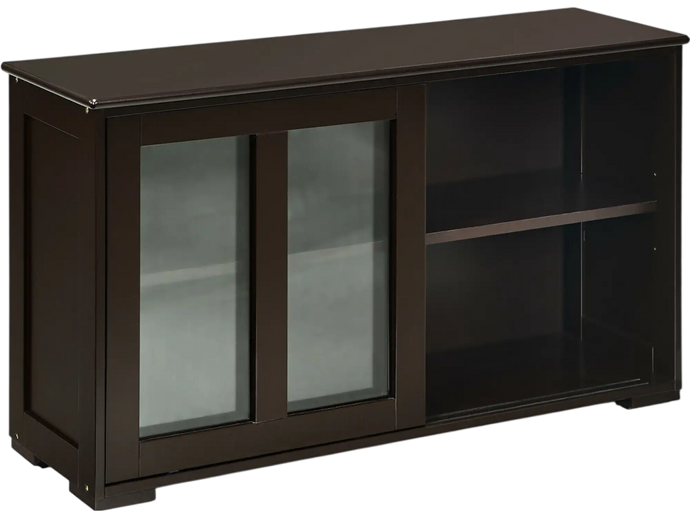Brown sideboard buffet cupboard with sliding tempered glass doors and two shelves, perfect for kitchen or dining room.