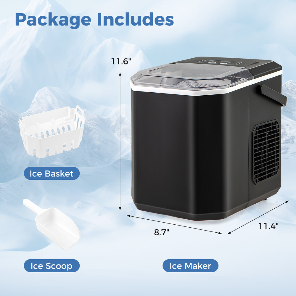 Countertop ice maker in black, includes ice basket and scoop, produces 9 bullet-shaped ice in 6-13 mins for parties.
