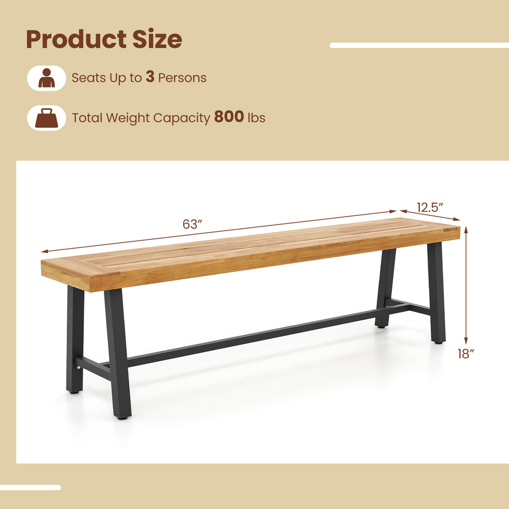 Backless 63-inch acacia wood patio bench with metal legs, seating up to 3 people, ideal for outdoor spaces.