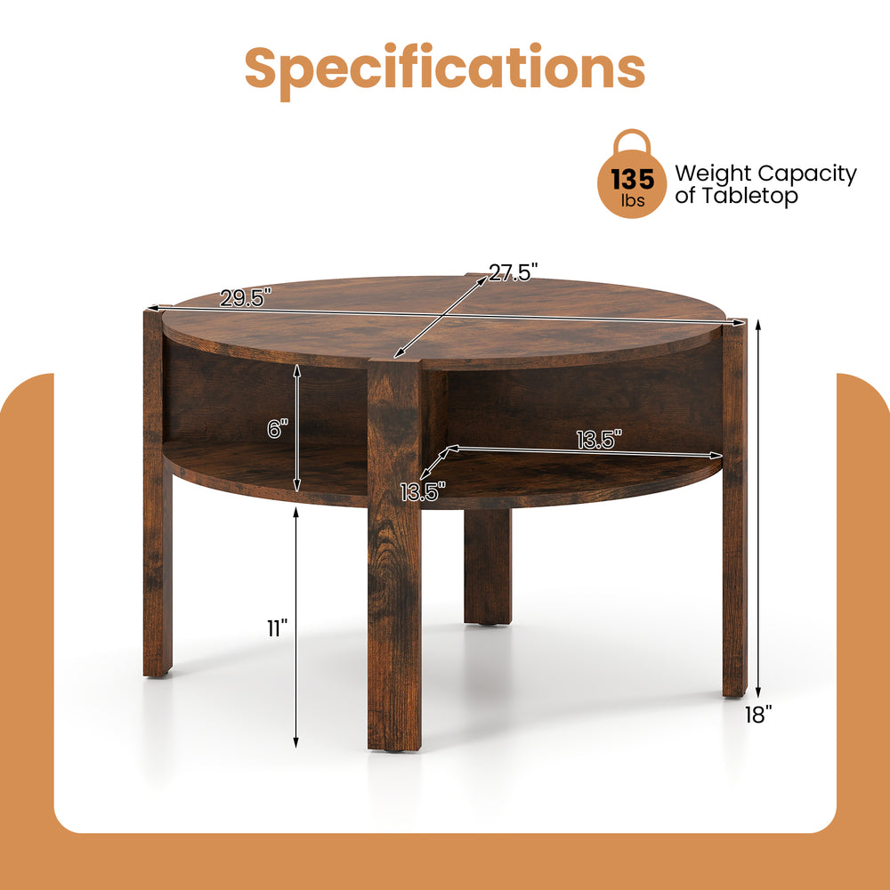 Round coffee table with storage shelves in rustic brown, featuring a wide tabletop and sturdy legs for small spaces.
