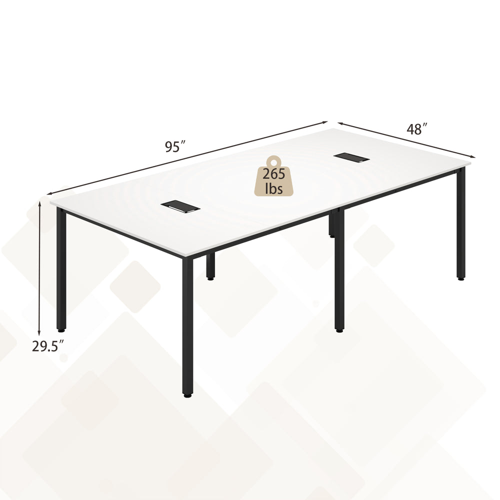 Large 8-foot conference room table in white, seating up to 10 people, with cable grommets and sturdy metal frame.