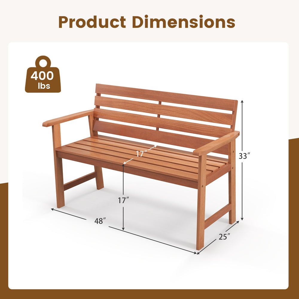 Patio solid wood bench dimensions showing 2-seat design with slatted seat and inclined backrest for outdoor comfort.