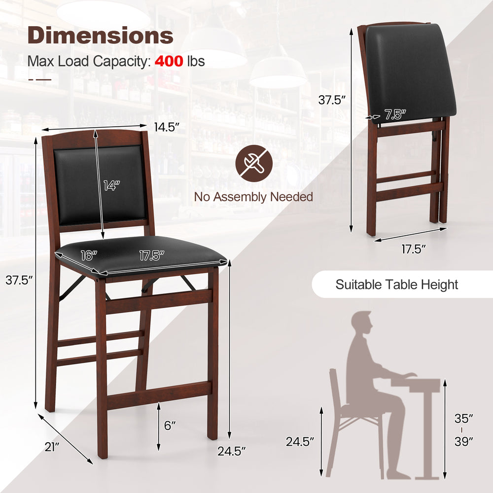 Folding kitchen island stool set with rubber wood legs, brown PVC leather upholstery, and no assembly needed for easy.
