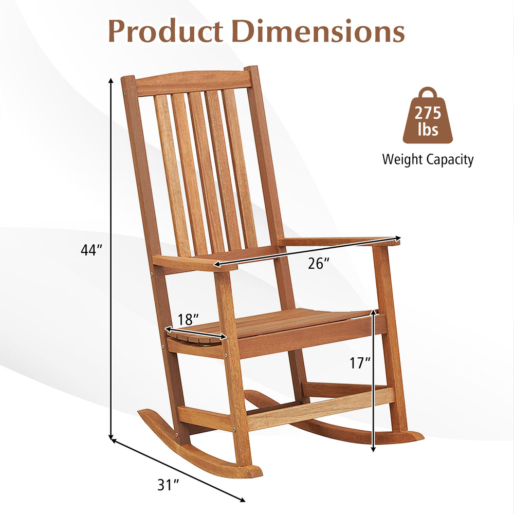 Patio rocking chair dimensions with ergonomic high-back design, made of premium hardwood, supports 275 lbs for outdoor.