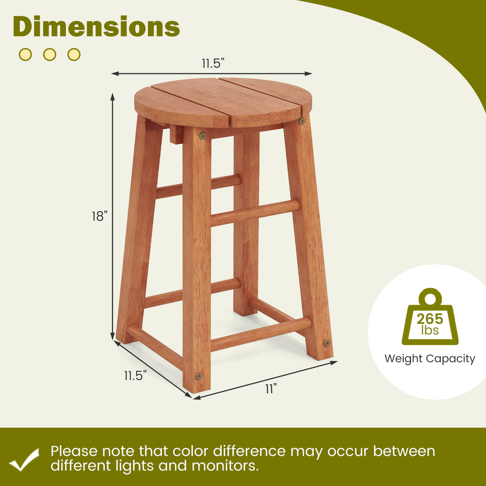 Round seat outdoor wood bar stool with footrest, 18-inch height, natural wood finish, ideal for patio or backyard use.