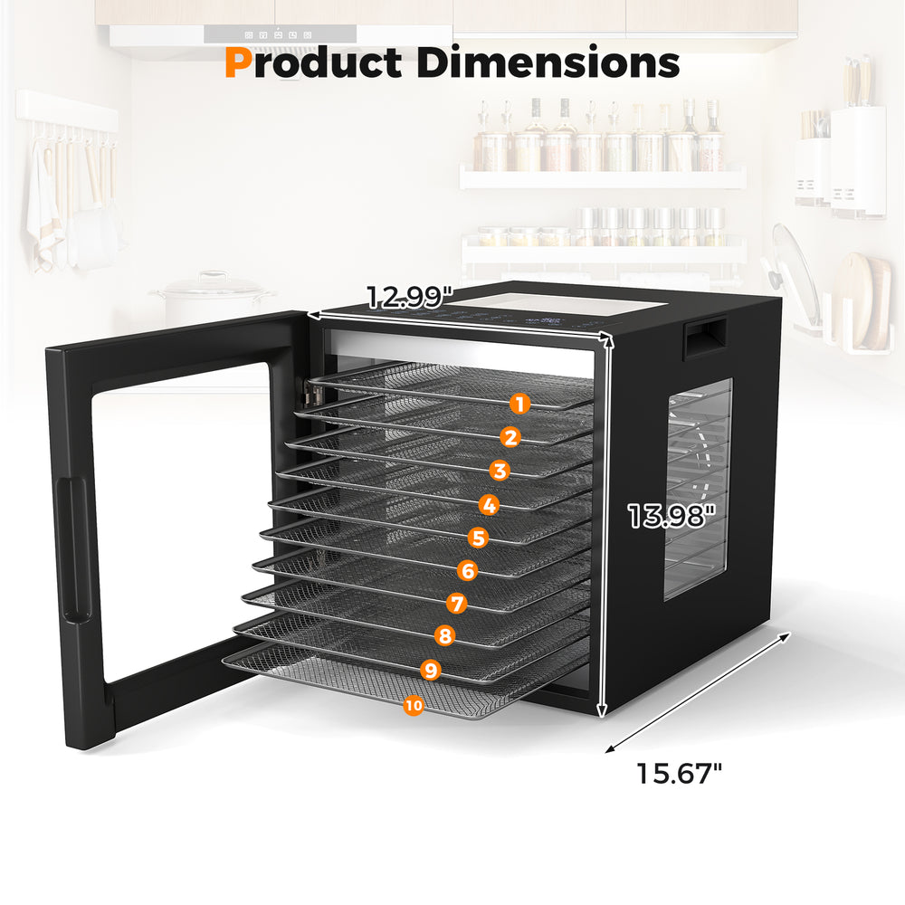 Product dimensions of the 10 stainless steel trays dryer, featuring a 4-sided visual design and digital LED display.