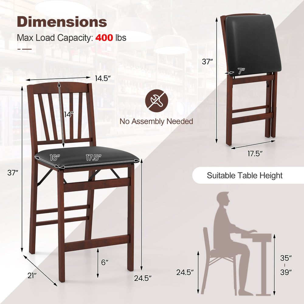 Counter height folding chair with padded seat, brown rubber wood legs, and ergonomic design for kitchen island use.