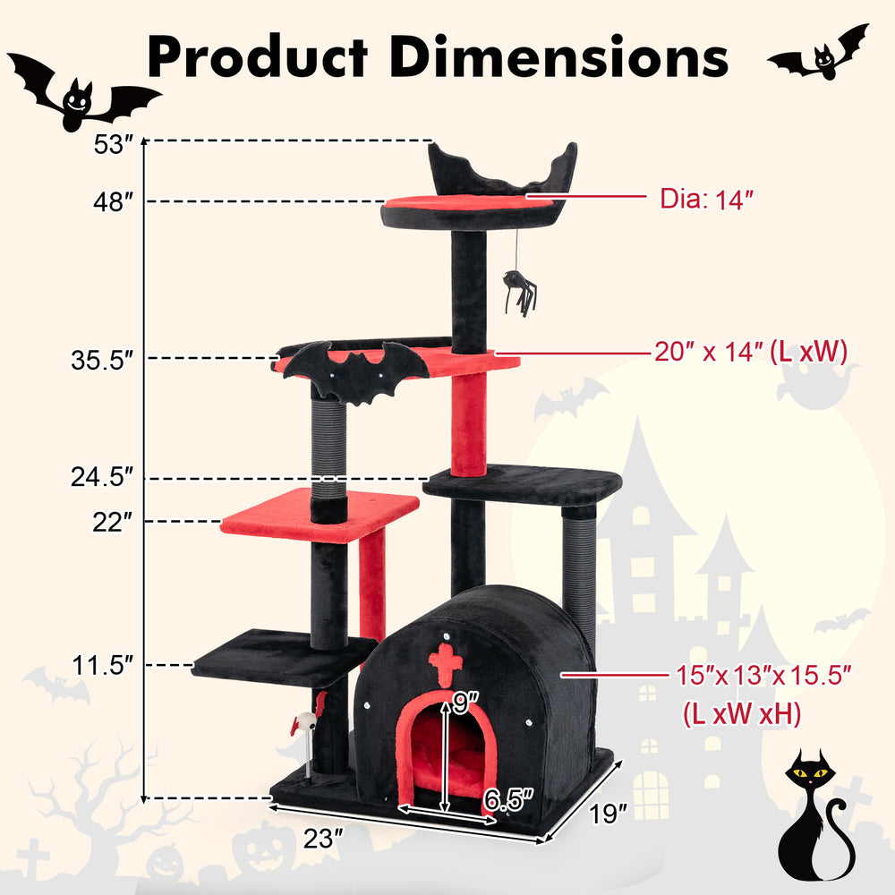 Gothic cat tree with multiple levels, black and red design, featuring a cat bed and arch-shaped condo for playful cats.