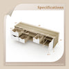 Detailed specifications of the oak TV stand with 4 drawers and 2 open shelves for TVs up to 55 inches.
